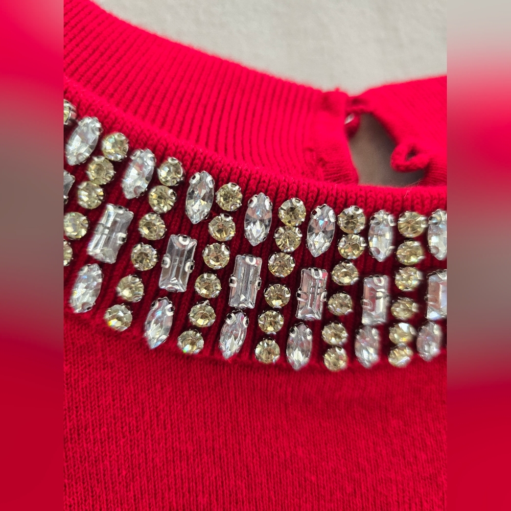 TALBOTS Red S Sleeve Rhinestone Embellished Neckline Classy Sweater.  LARGE P - Picture 3 of 9